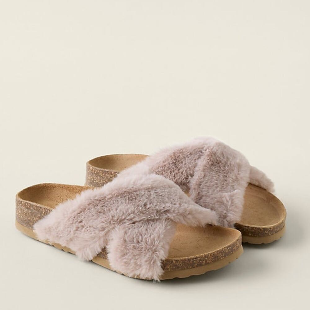 Garnet Hill Mira Pink Fuzzy Slides Faux Fur Crisscross Cork Sandals Size 10